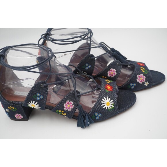 Tabitha Simmons Isadora Lace up denim floral bohemian embroidered open toe Sz 39 - Picture 3 of 11